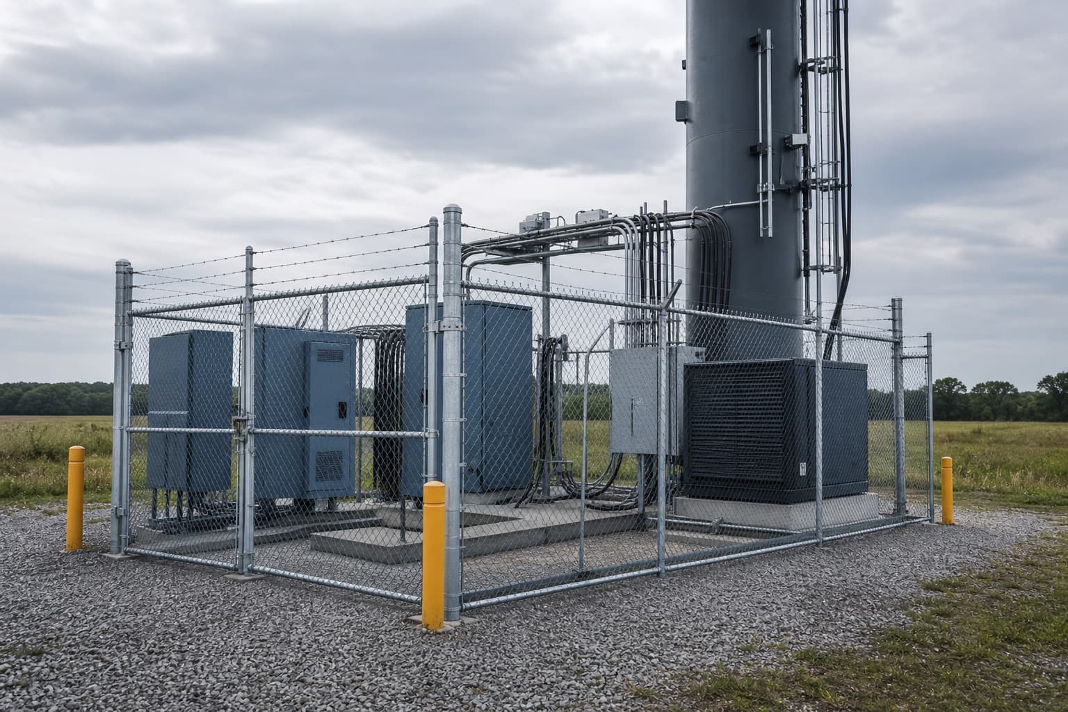 Fictional existing wireless compound with organized equipment and controlled access.