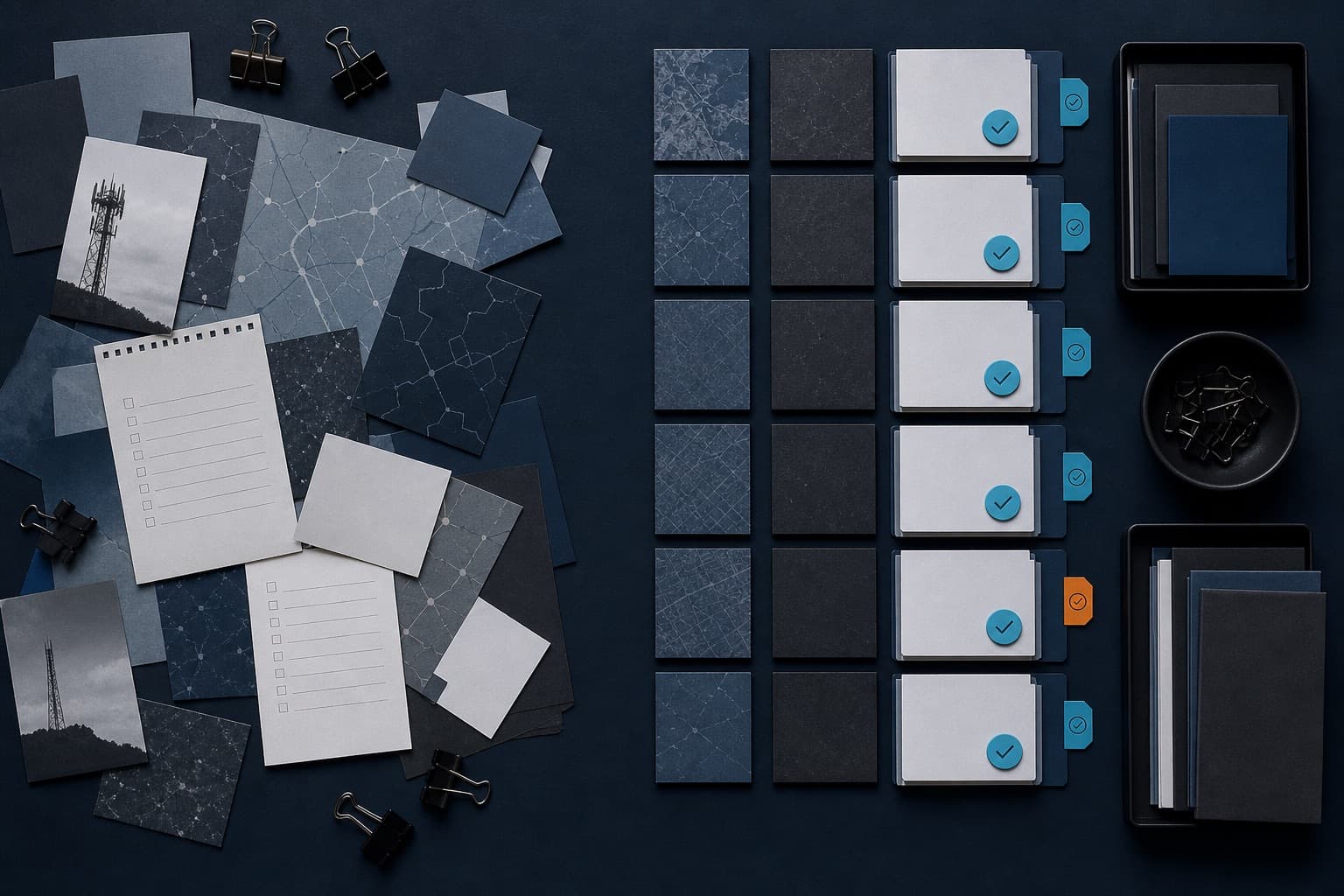 Illustrative worktable showing scattered site inputs organized into checked review packets.