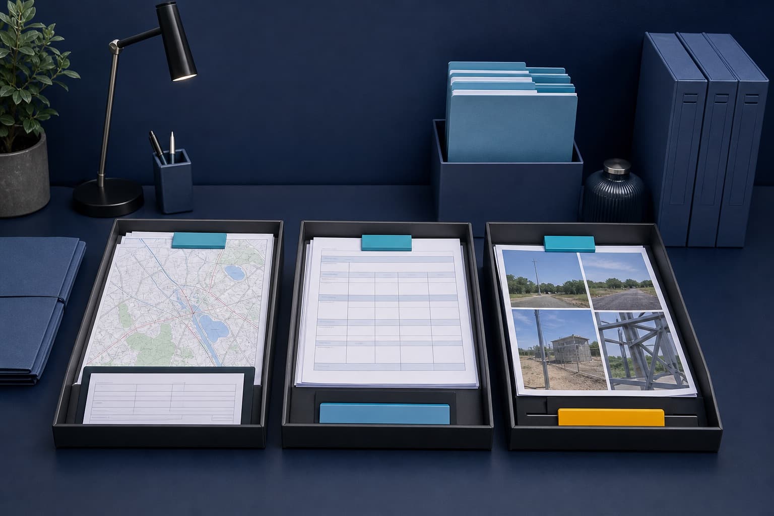 Illustrative operations workspace with separate trays for maps, trackers, and field evidence.