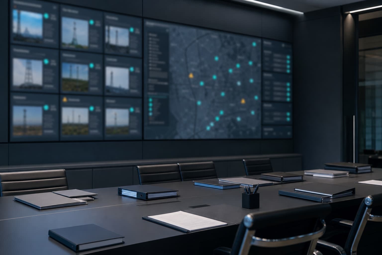 Fictional portfolio review room with abstract site cards and a multi-market map.